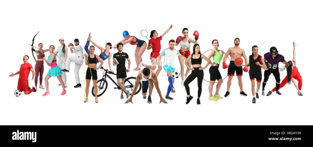 Les gens engagés dans différentes activités sportives sur fond blanc, collage Banque D'Images