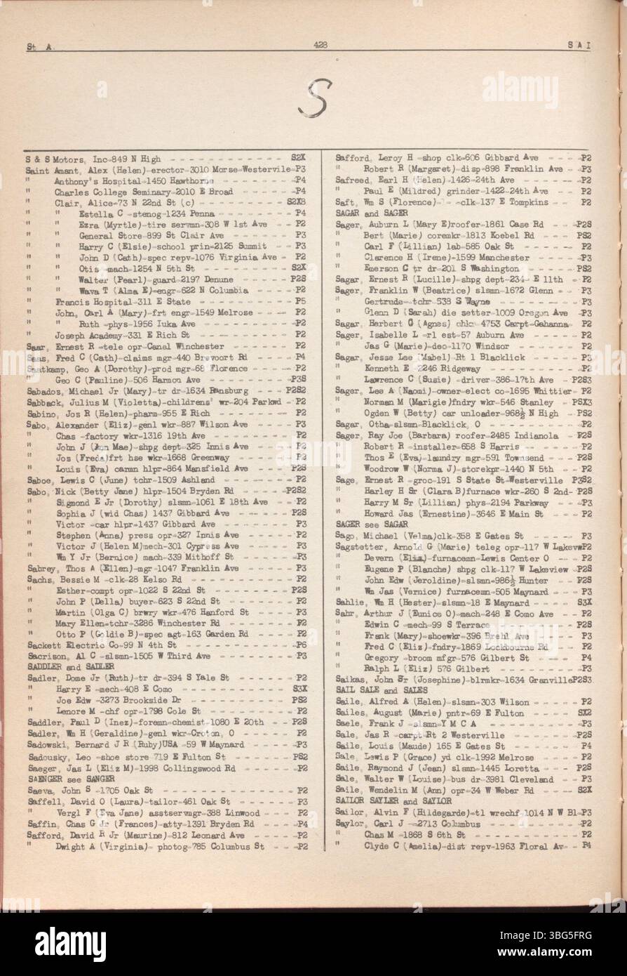 Le « Livre rouge de la ville de Columbus 1942-1943 » comprend les rapports de crédit des résidents du comté de Franklin, montrant leurs noms, professions, adresses et pointages de crédit pour ceux qui souhaitent établir le crédit avec les magasins et les prêteurs. Banque D'Images
