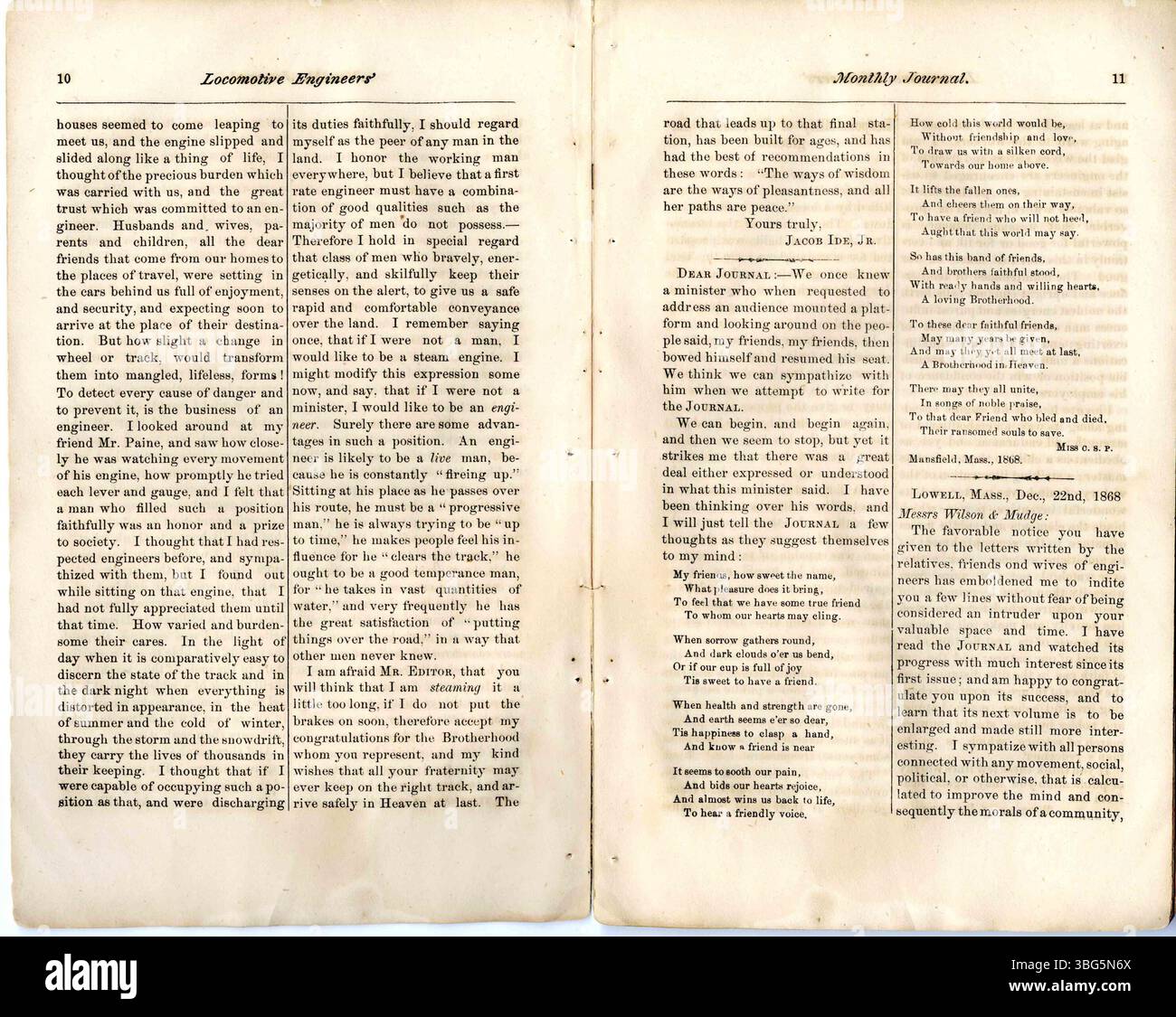 Le journal mensuel de la Fraternité des ingénieurs de locomotive de janvier 1869 comprend des mises à jour nationales et locales, avec des notes de division traitant des questions dans le département des locomotives et la profession de génie ferroviaire. Banque D'Images
