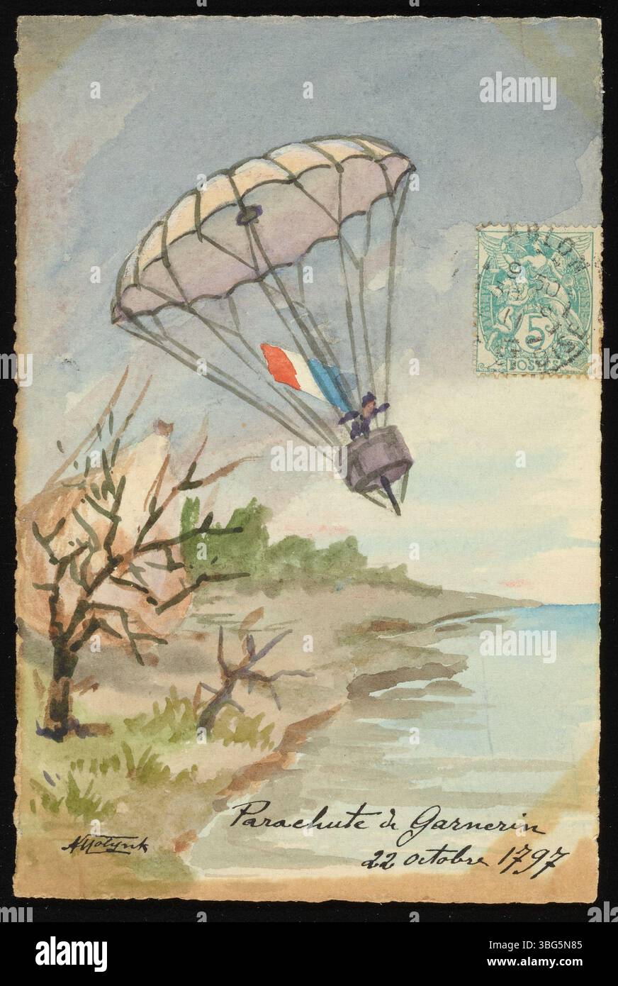 Une illustration de carte postale de 1909 montrant la descente en 1797 du montgolfière français André-Jacques Garnerin à l'aide d'un parachute sans cadre de sa propre conception au Parc Monceau, Paris. Banque D'Images