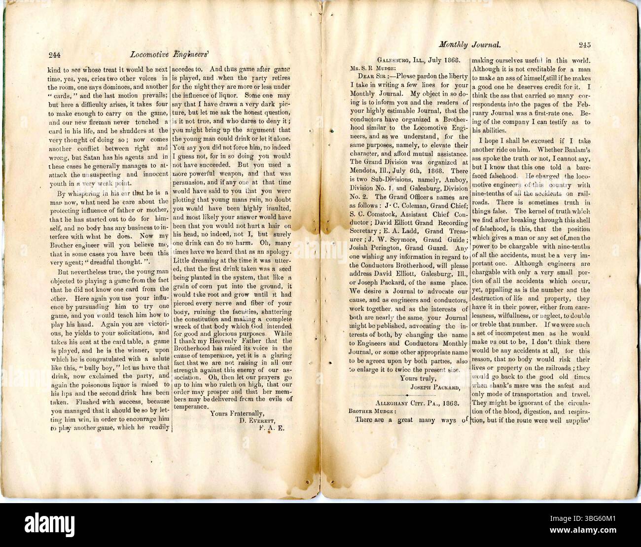 Le numéro d'août 1868 de la Brotherhood of locomotive Engineer's Monthly Journal met en lumière des articles d'intérêt général pour les mécaniciens de locomotive et les employés des chemins de fer. Cette édition comprend des mises à jour nationales et locales, ainsi que des notes sur les préoccupations propres à la division concernant la gestion ferroviaire, les conditions des travailleurs et les activités du service des locomotives. Banque D'Images