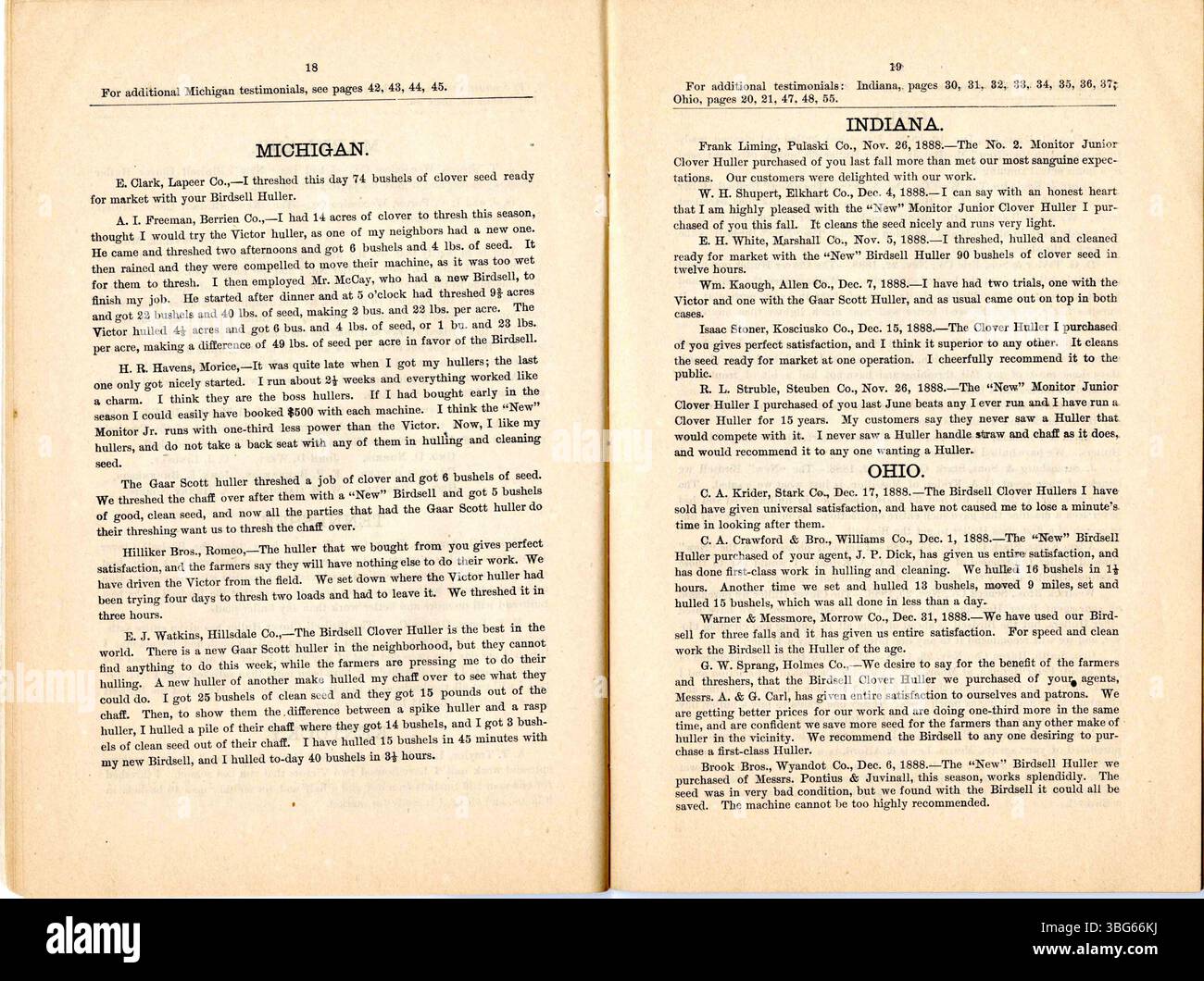 Ce catalogue commercial de la fin des années 1800 présente l'huller de trèfle Birdsell, modèle Monitor Junior, produit par la Birdsell Manufacturing Company de South Bend, Indiana. Le catalogue comprend des détails sur les composants de la machine, ses fonctionnalités et les avis des clients des utilisateurs de l’époque. Banque D'Images