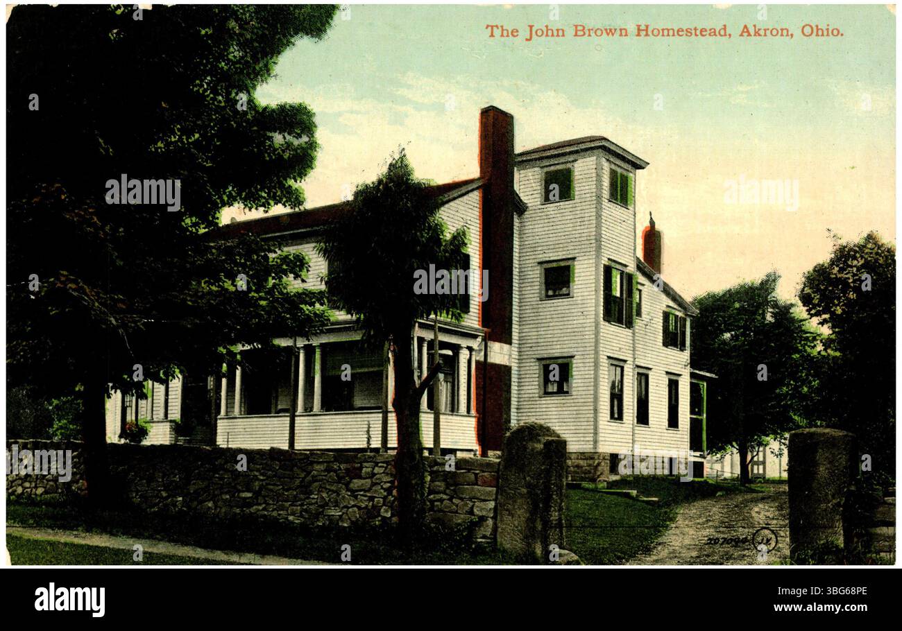 Une carte postale en couleur montrant la ferme John Brown à Akron, Ohio. La propriété est un site historique lié à l'abolitionniste John Brown. Banque D'Images