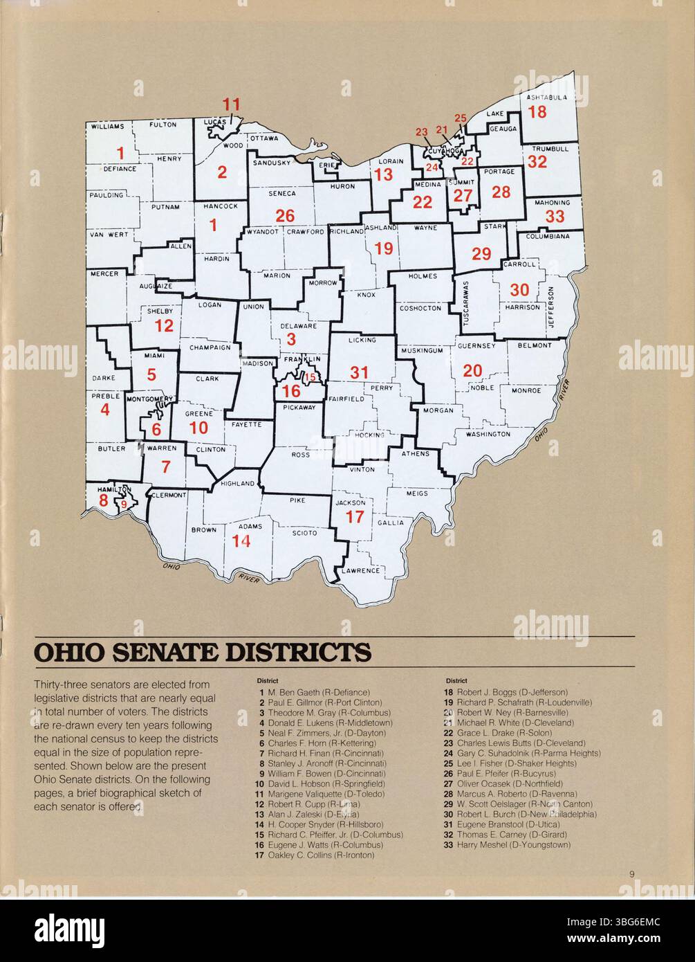 Cette brochure de 1985-1986 fournit un aperçu détaillé du Sénat de l'Ohio, y compris une liste des sénateurs et de leurs districts, afin d'encourager la participation des citoyens au processus législatif et au gouvernement de l'État de l'Ohio. Banque D'Images