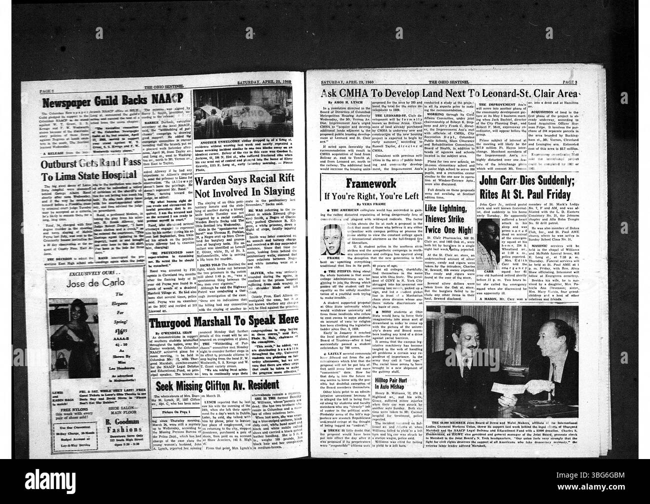 Le numéro du 23 avril 1960 de Ohio State Sentinel a mis en lumière les principaux problèmes politiques, de droits civils et de relations raciales affectant la communauté afro-américaine de Columbus, Ohio. L'administration locale et l'engagement politique ont été des sujets importants. Banque D'Images