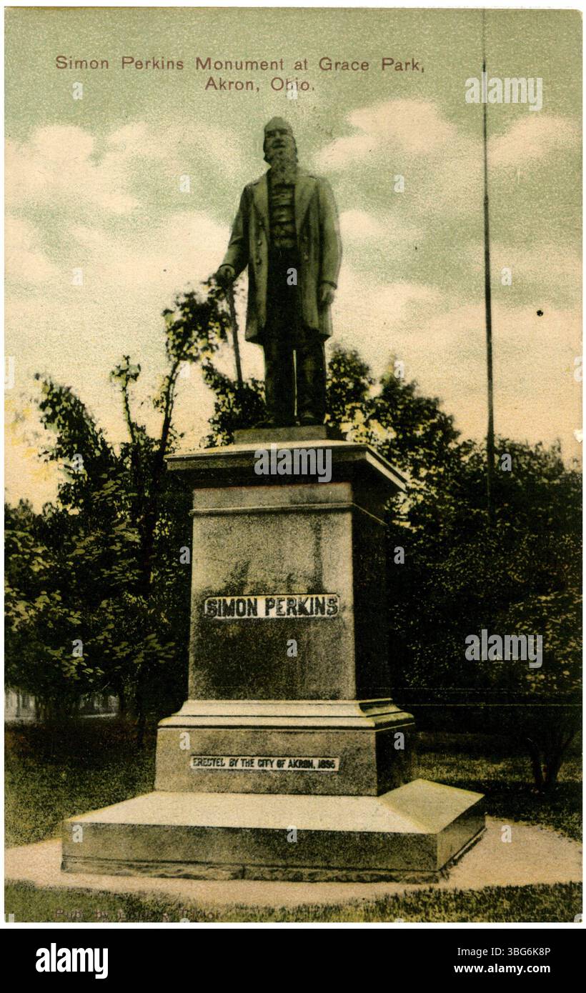 Une carte postale en couleur montrant le monument Simon Perkins à Grace Park, Akron, Ohio. Le monument est maintenant situé sur le campus de l'Université d'Akron. Banque D'Images