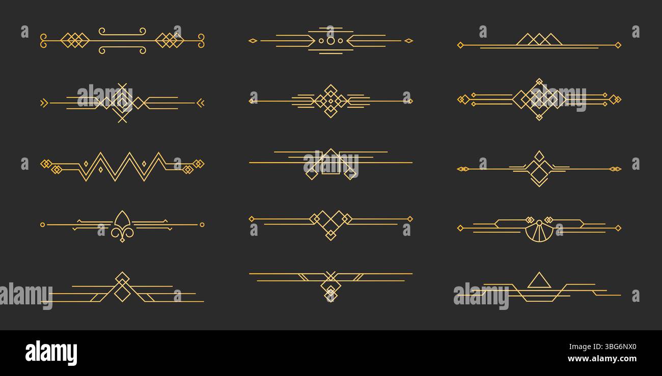 Collection de ligne de séparation art déco - bordures ornementales géométriques dorées sur fond noir, éléments décoratifs vintage, design de séparateur élégant pour cadres de texte de style rétro de luxe et décoration de page Illustration de Vecteur