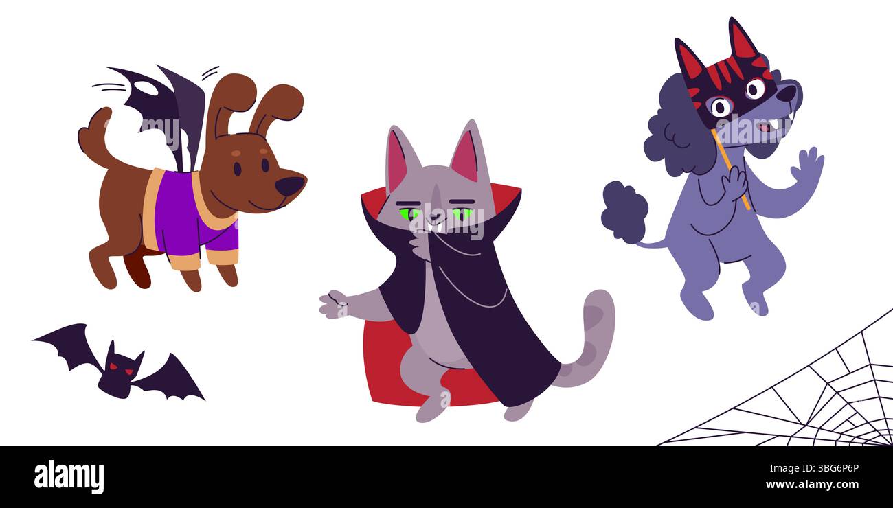 Collection drôle de costumes d'Halloween pour animaux de compagnie - chien habillé comme chauve-souris avec des ailes, chat portant un manteau de vampire, caniche avec masque facial de carnaval. Animal mignon prêt pour le truc ou partie de traitement pour la célébration festive Illustration de Vecteur
