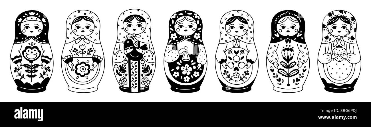 Icônes de poupée Matryoshka. Style de gravure, silhouette noire et blanche de poupées russes, jouets folkloriques traditionnels avec motif de fleurs, décoratif traditionnel Illustration de Vecteur