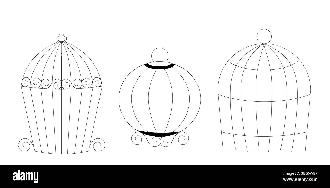 Cage d'oiseau dans la collection dessinée à la main de croquis de style doodle et line art de cages d'oiseaux en métal différents types et tailles pour le vecteur de décoration de la maison Illustration de Vecteur
