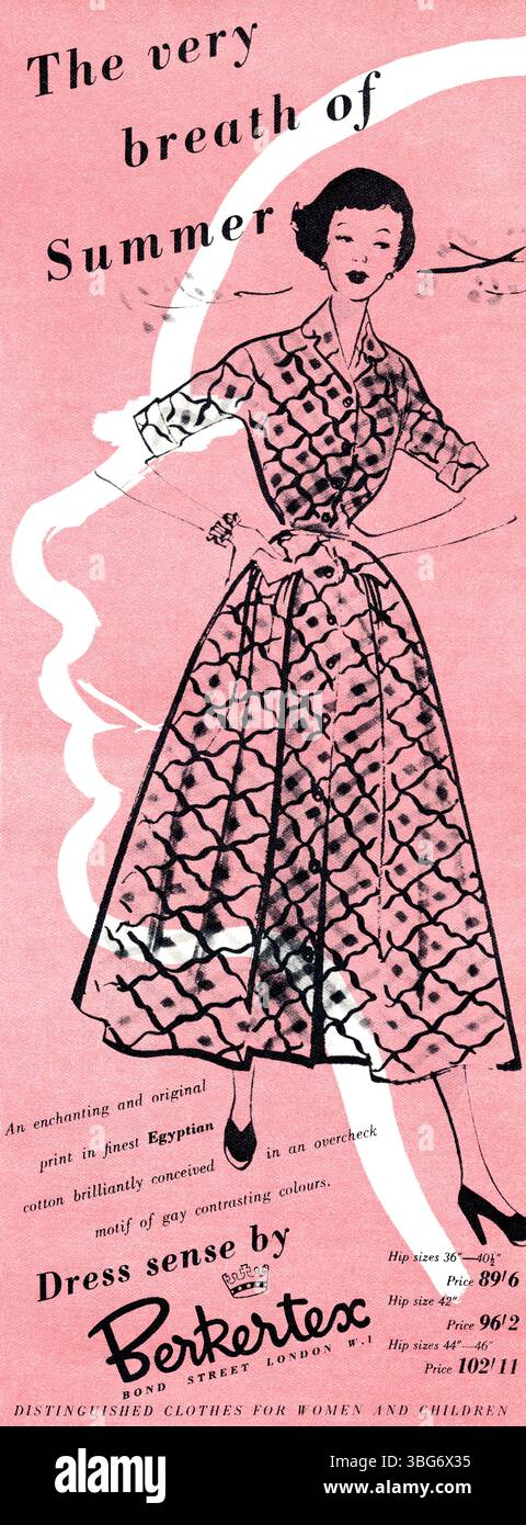 Publicité de mode britannique 1949 pour les vêtements pour femmes Berkertex, avec une robe d'été imprimée en coton égyptien. Banque D'Images