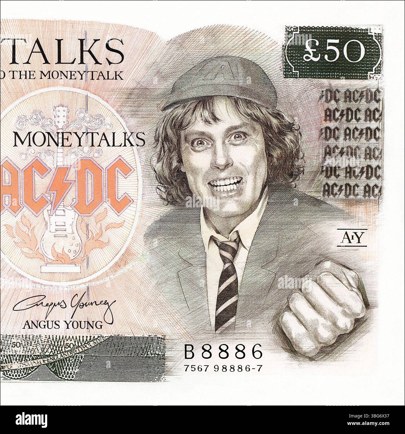 45 RPM 7' UK record sleeve of Moneytalk by AC/DC sur le label Atco à partir de novembre 1990. Écrit par Angus Young et Malcolm Young et produit par Bruce Fairbairn. Banque D'Images