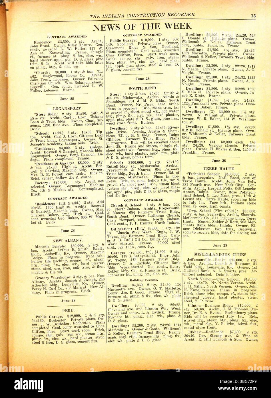 L’Indiana construction Recorder, daté du 14 juin 1919, comprend des mises à jour des associations de construction de l’Indiana, offrant un aperçu des matériaux, des fournitures et des contrats attribués pour les projets de construction en cours et à venir. Banque D'Images
