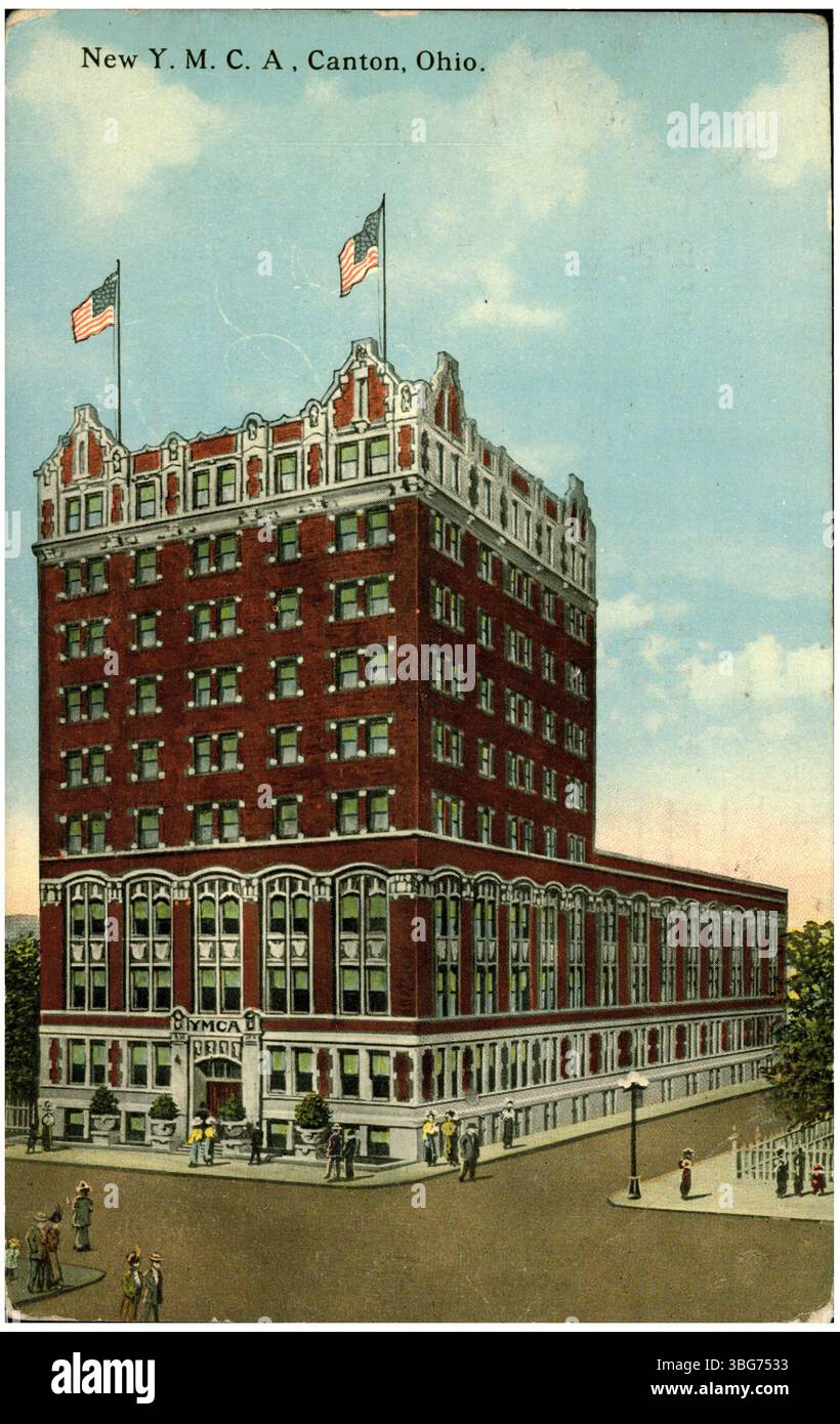 Une carte postale en couleur montrant le nouveau bâtiment du YMCA à Canton, Ohio, soulignant son architecture et son rôle communautaire dans la région. Banque D'Images