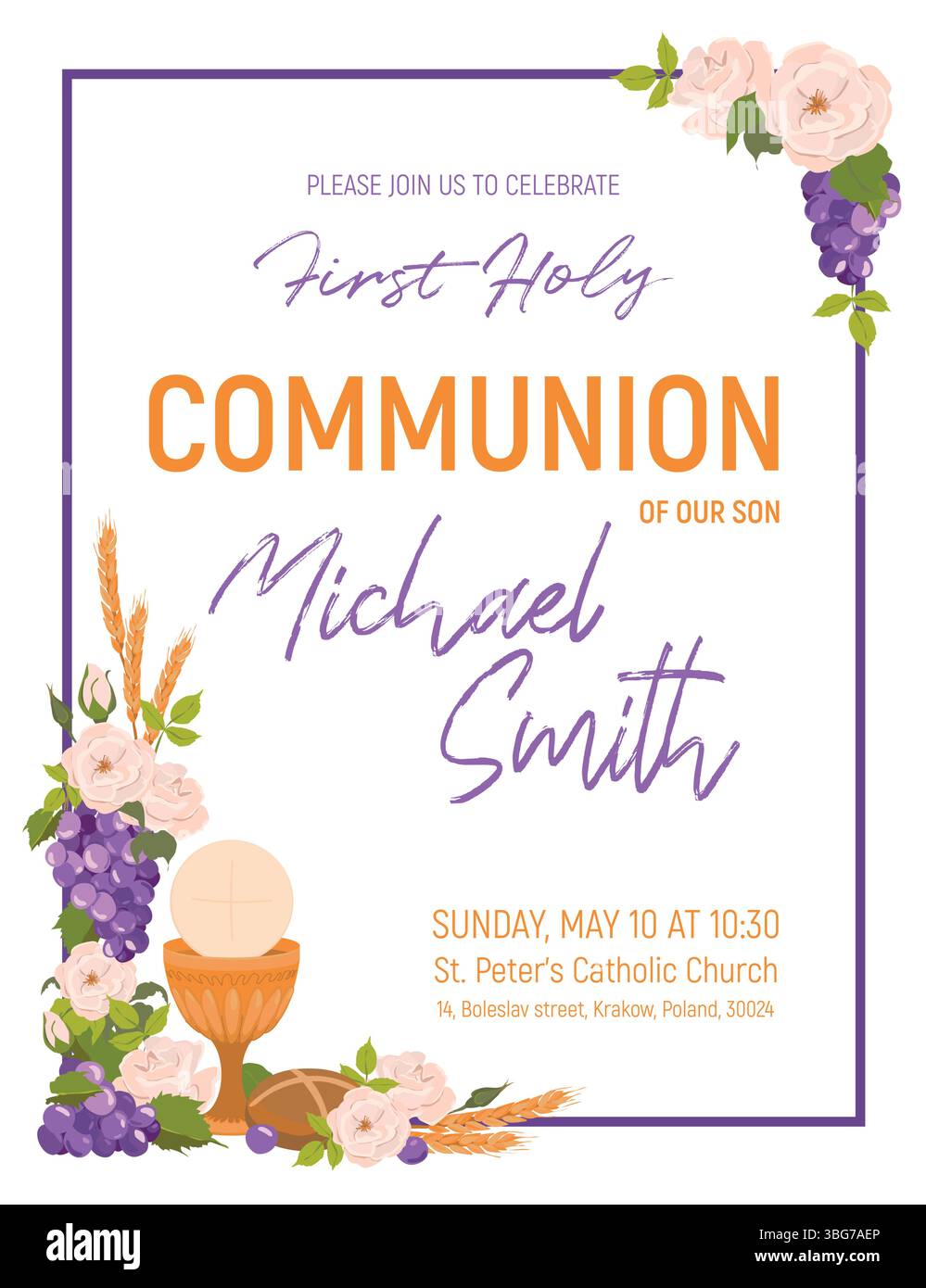 Cadre carré avec symboles de première communion. Vecteur. Composition d'un bol doré pour le vin, le pain, le vin, les raisins, les roses blanches. Beaux éléments de design pour une invitation à la Sainte Eucharistie. Illustration de Vecteur