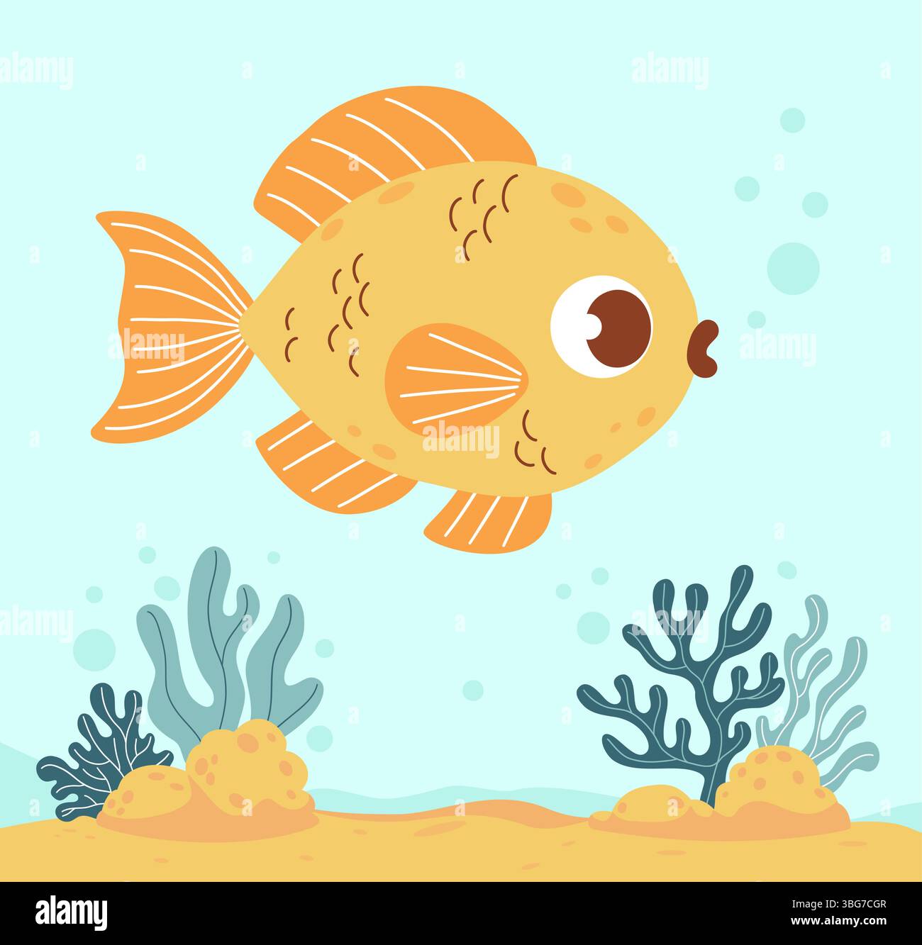Mignon Cartoon poissons et plantes de mer, algues et corail sur les fonds marins. Illustration vectorielle. Collection enfants Illustration de Vecteur