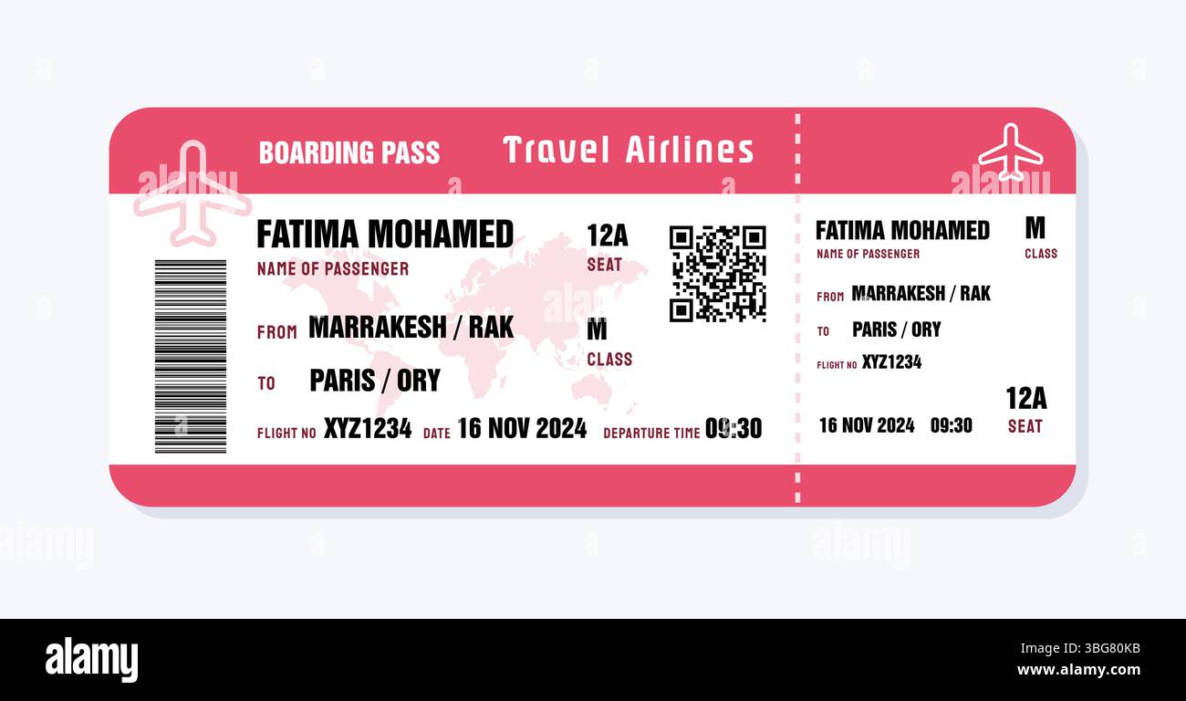 Billet pour Paris, France depuis le Maroc. Modèle de carte d'embarquement avec données génériques. Illustration vectorielle de billet d'avion de voyage avec code QR. Illustration de Vecteur