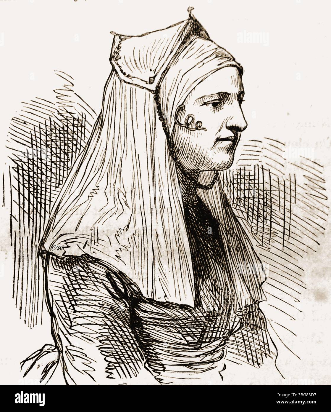 Illustration des années 1800 d'une femme hollandaise dans une robe de deuil typique avec des fils de tire-bouchon dorés. --- een illustratie UIT de 19e eeuw van een Nederlandse vrouw met een typisch rouwhoofddeksel, completet met gouden kurkentrekkersdraden. --- Banque D'Images