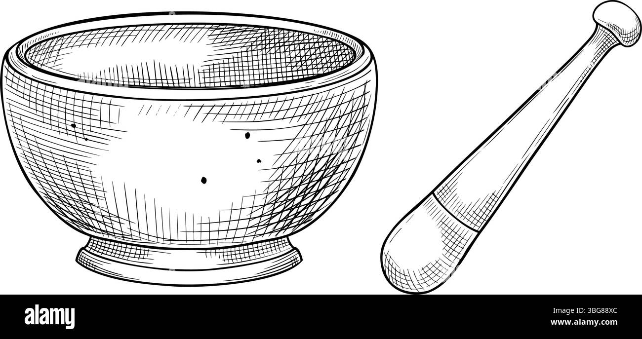 Illustration vectorielle dessinée à la main de mortier classique et pilon pour culinaire. Dessin linéaire de l'outil de cuisine pour le broyage dans un style linéaire peint par des encres noires pour la conception de livre de cuisine ou de recette. Illustration de Vecteur