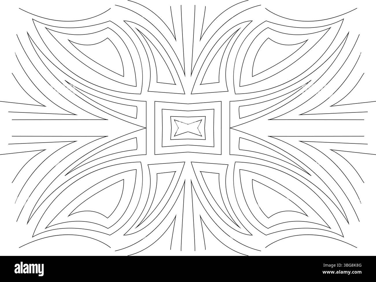 Motif géométrique abstrait de dessin au trait noir et blanc avec des éléments symétriques, adapté aux arrière-plans, textures ou éléments de design. Illustration de Vecteur