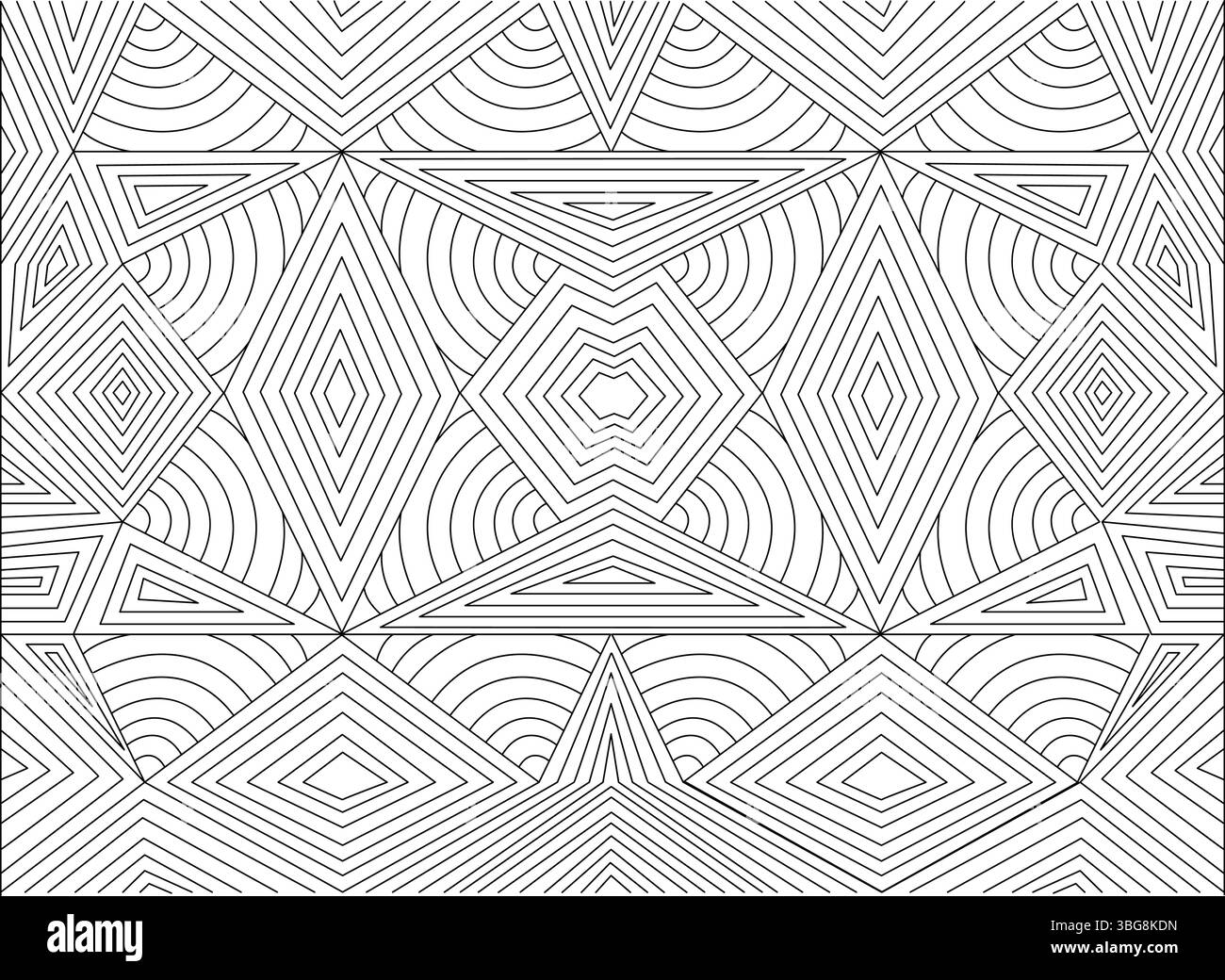 Motif géométrique linéaire complexe en noir et blanc avec diverses formes comme des diamants, des triangles et des arcs, créant un engagement complexe et visuel Illustration de Vecteur
