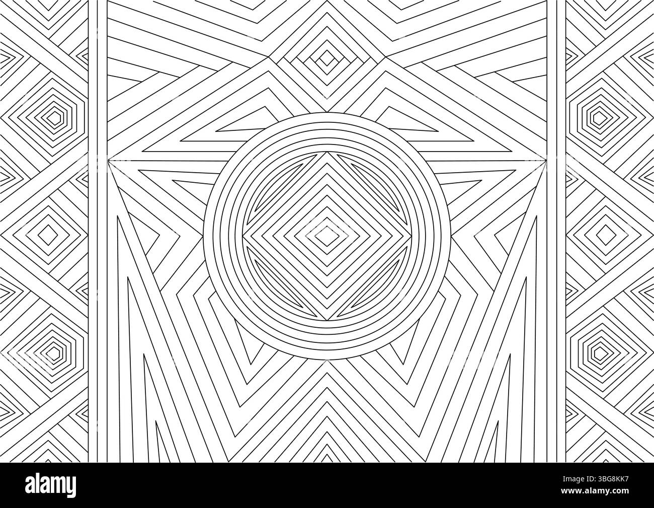 Motif géométrique abstrait complexe en noir et blanc composé de lignes nettes créant des formes comme des carrés, des diamants, des triangles et des cercles concentriques Illustration de Vecteur