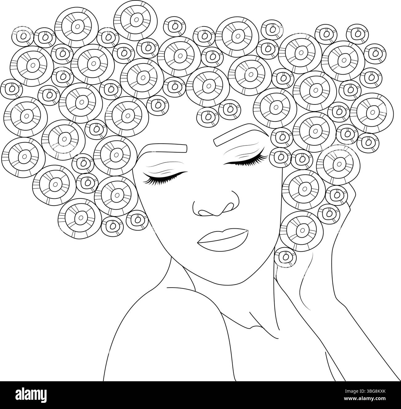 Dessin minimaliste en noir et blanc d'une femme avec une coiffure afro abstraite unique composée de cercles concentriques. L'image est un repr créatif Illustration de Vecteur Dessin minimaliste en noir et blanc d'une femme avec une coiffure afro abstraite unique composée de cercles concentriques. L'image est un repr créatif Illustration de Vecteur