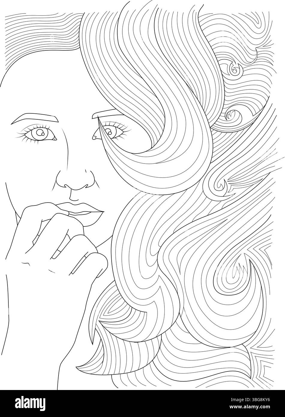 Illustration d'art de ligne noir et blanc du visage d'une femme avec des cheveux ondulés abstraits et fluides. Un portrait stylisé axé sur la beauté, la mode et le créativ Illustration de Vecteur