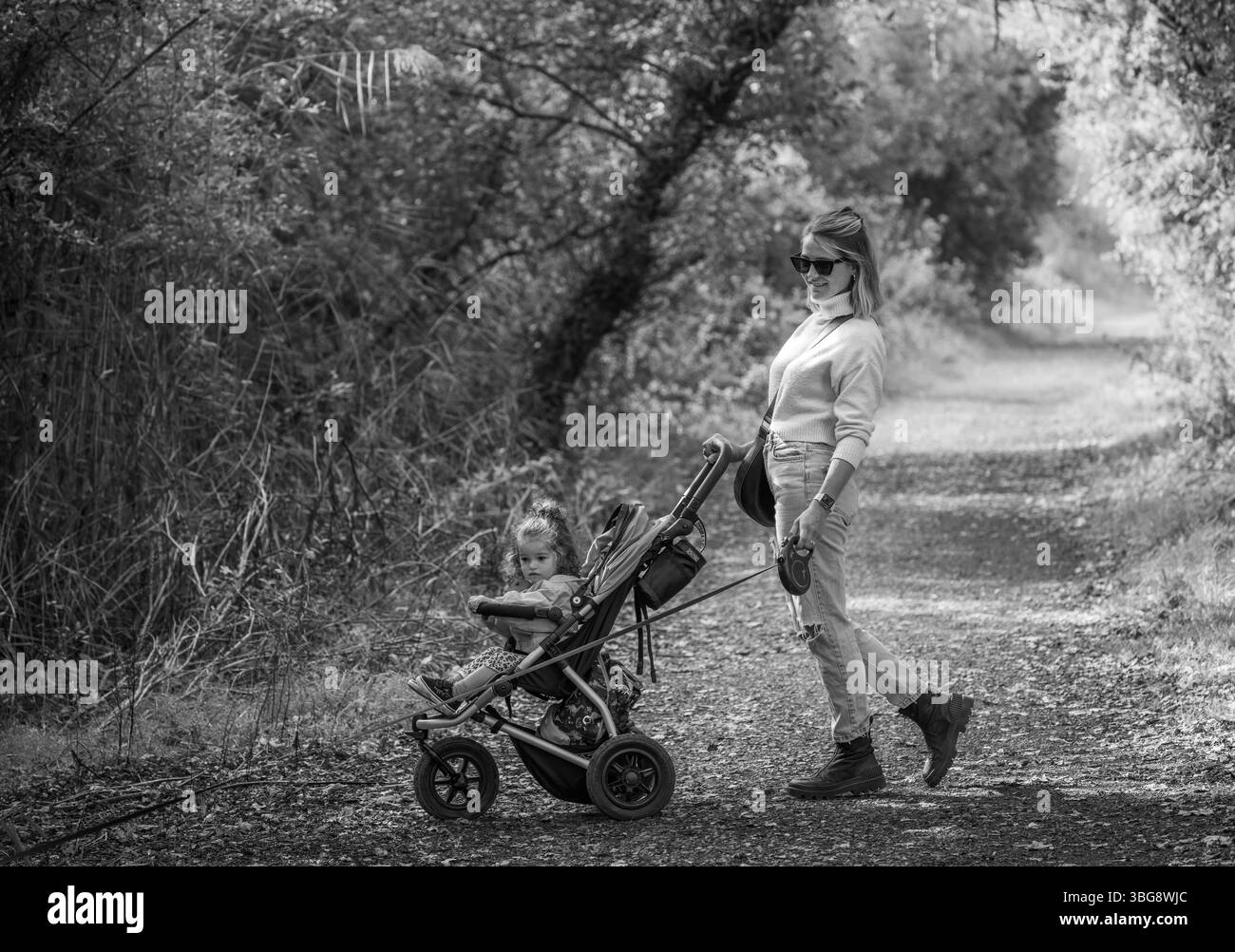 Mère poussant le tout-petit dans la poussette sur le chemin boisé rural dans la lumière tamisée, tons d'automne. Promenade paisible dans la campagne britannique. Banque D'Images