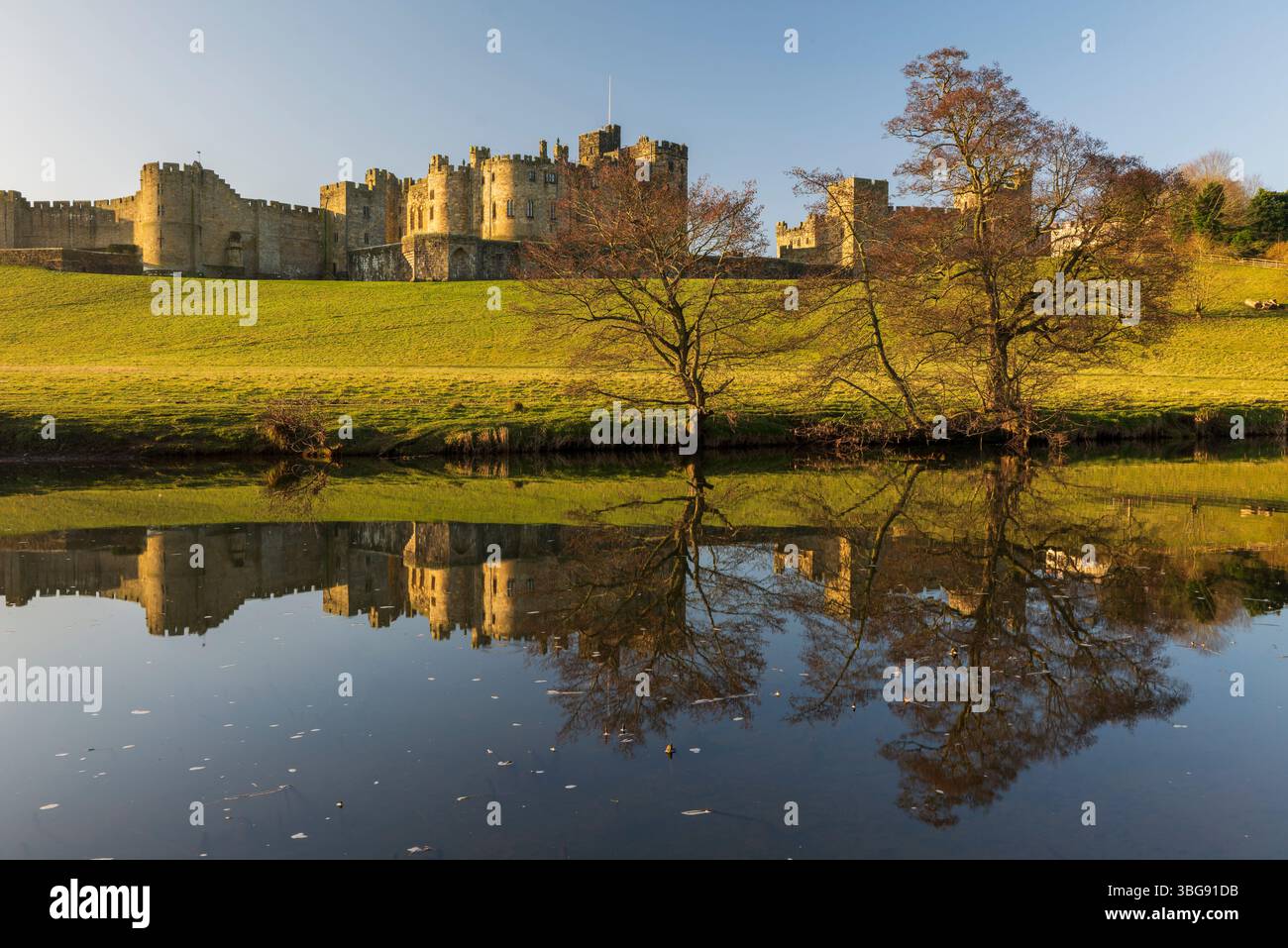 Angleterre, Northumberland, Alnwick. Château d'Alnwick reflété dans les eaux calmes de la rivière ALN. Banque D'Images
