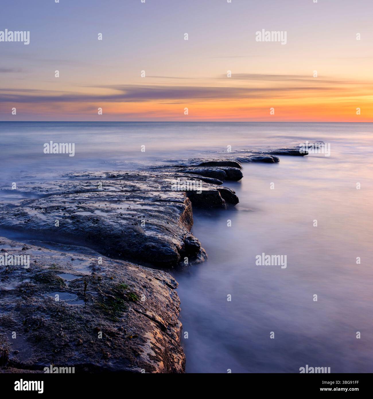 Angleterre, Northumberland, Cocklawburn Beach. La géologie calcaire unique de Cocklawburn Beach vue à l'aube. Banque D'Images