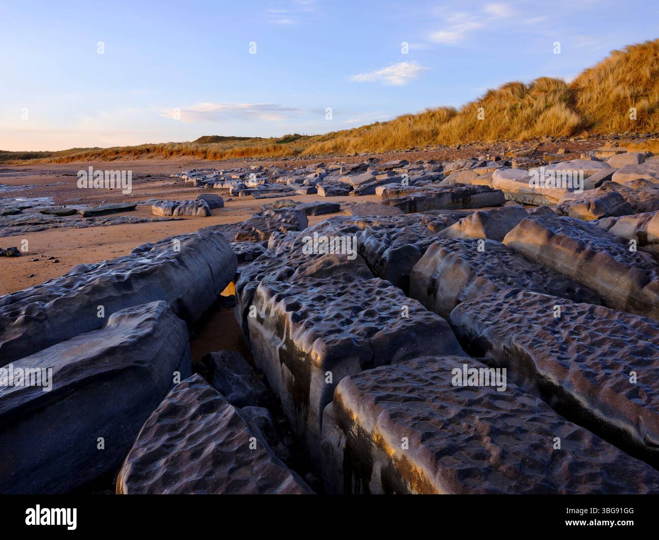 Angleterre, Northumberland, Cocklawburn Beach. La géologie calcaire unique de Cocklawburn Beach vue à l'aube. Banque D'Images