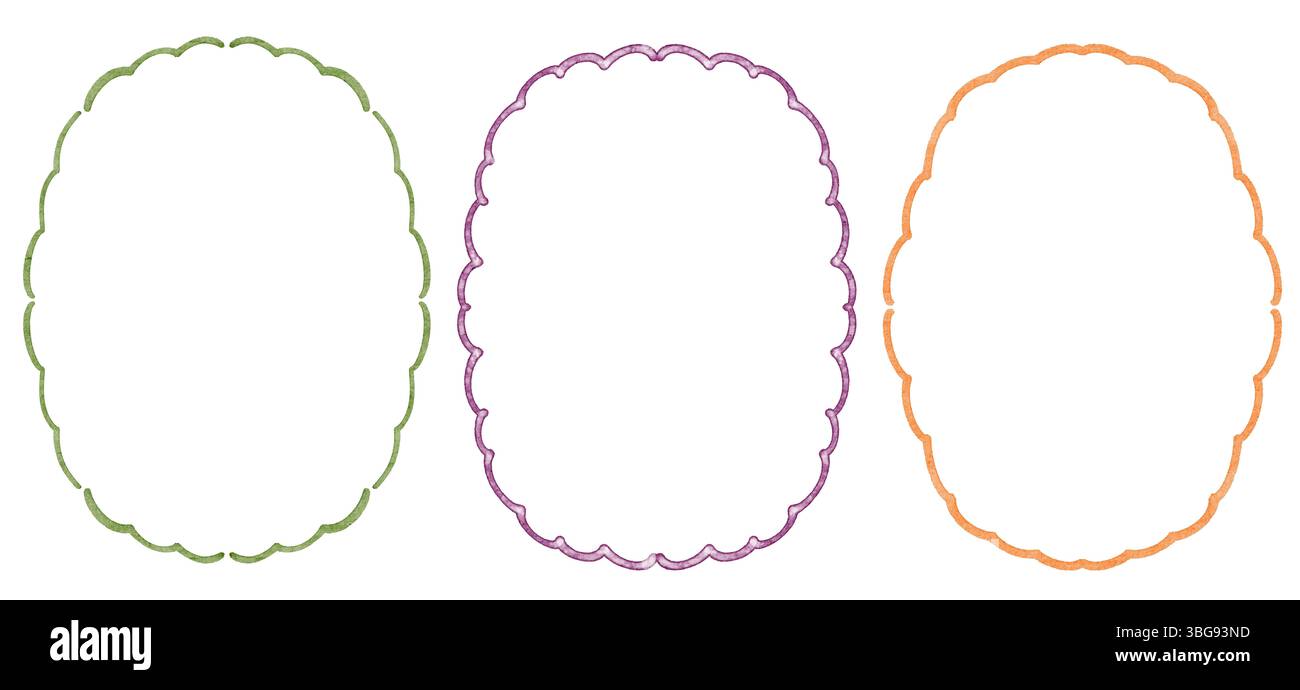 Collection de cadres ovales avec des lignes dessinées à la main, des courbes et des bords festonnés. Comprend le style doodle, ondulé, bordures zigzag pour les invitations, les cartes, Banque D'Images