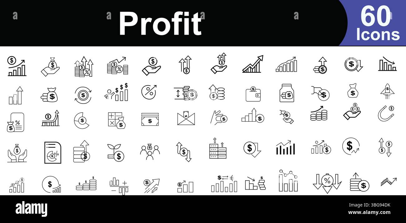 Jeu d'icônes de la ligne de croissance financière et de profit - symboles de l'argent, de l'investissement et de la réussite commerciale Illustration de Vecteur