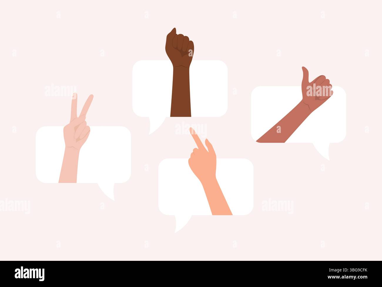Mains de différents tons de peau montrant différents gestes dans des bulles de parole. Illustration vectorielle plate Illustration de Vecteur