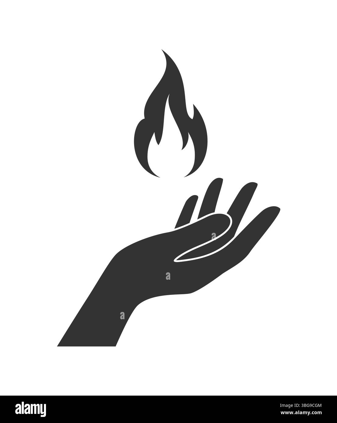 Silhouette noire d'une main tenant une flamme au-dessus de la paume, fond blanc. Illustration vectorielle Illustration de Vecteur