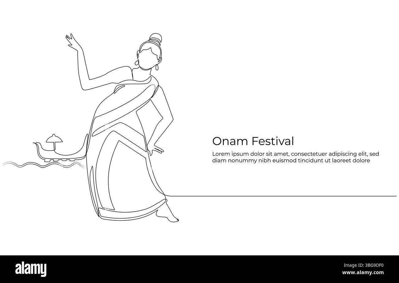 Célébration du festival Onam Une représentation artistique de la danse et de la culture, dessin simple ligne de pot, bananes et œufs, décoration de cloche du festival Happy Onam Illustration de Vecteur