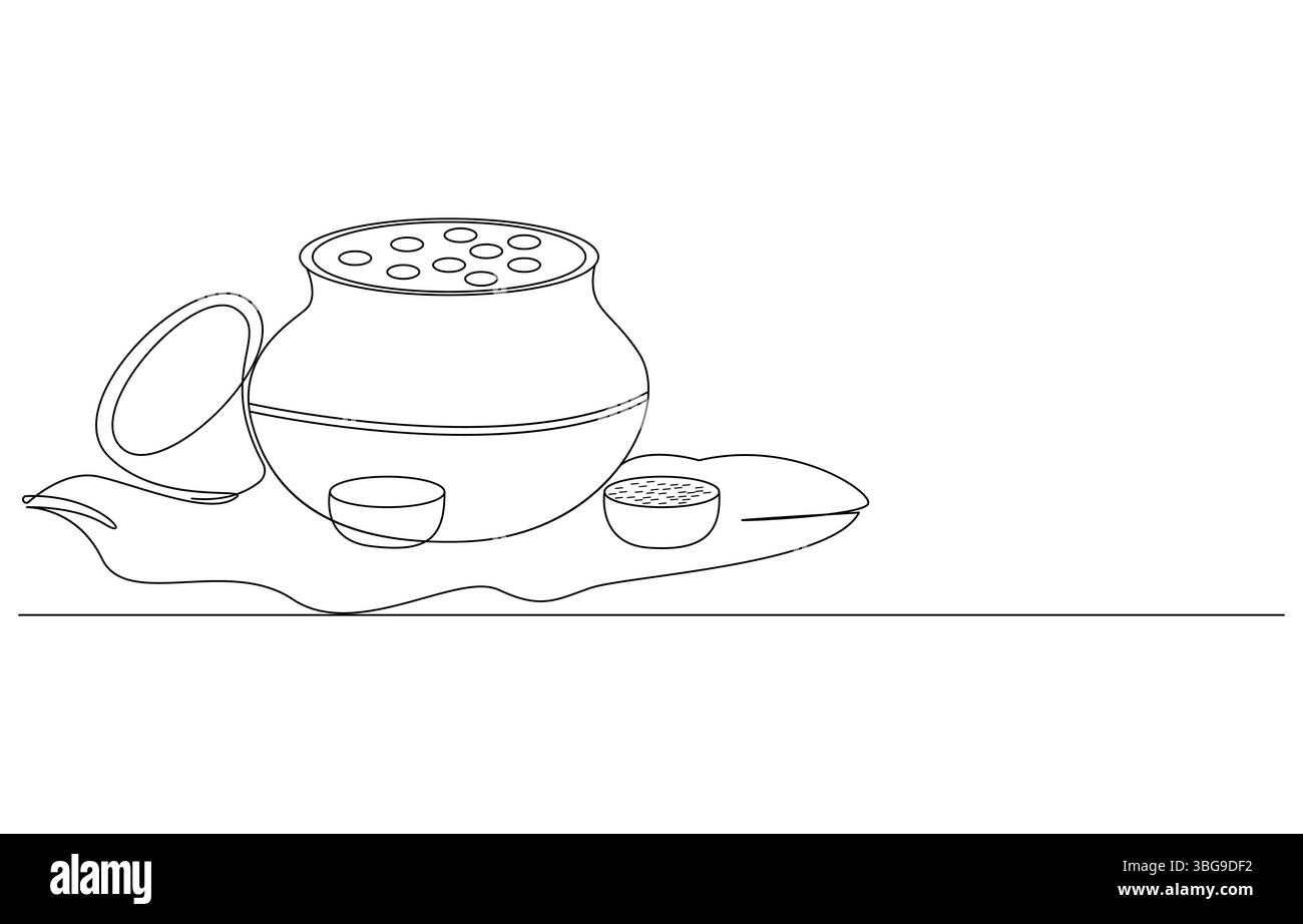 Célébration du festival Onam Une représentation artistique de la danse et de la culture, dessin simple ligne de pot, bananes et œufs, décoration de cloche du festival Happy Onam Illustration de Vecteur