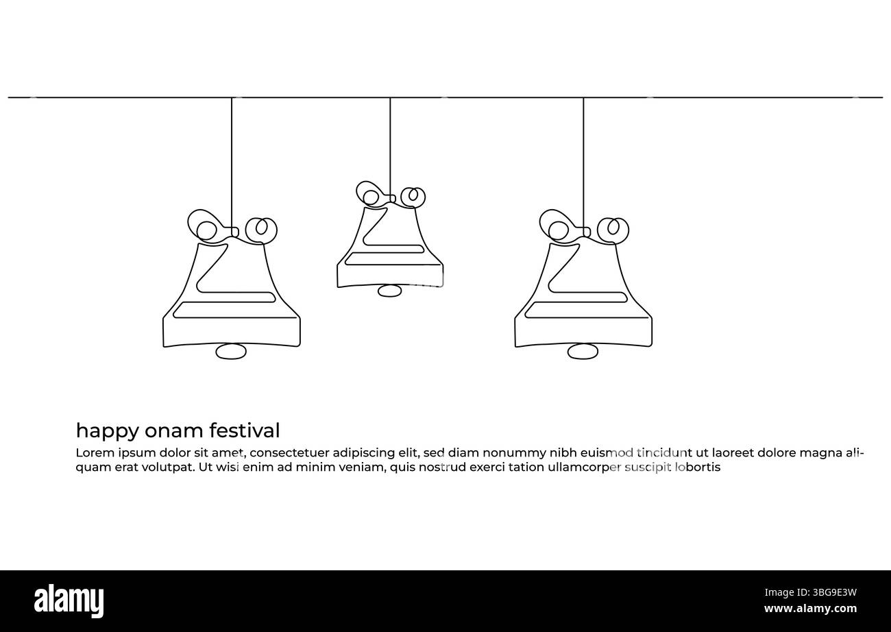 Célébration du festival Onam Une représentation artistique de la danse et de la culture, dessin simple ligne de pot, bananes et œufs, décoration de cloche du festival Happy Onam Illustration de Vecteur