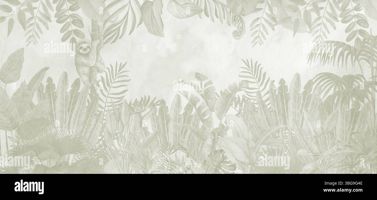 Fond d'écran vert muté de la jungle tropicale : feuilles botaniques douces et motif palmier et ours à fente Banque D'Images