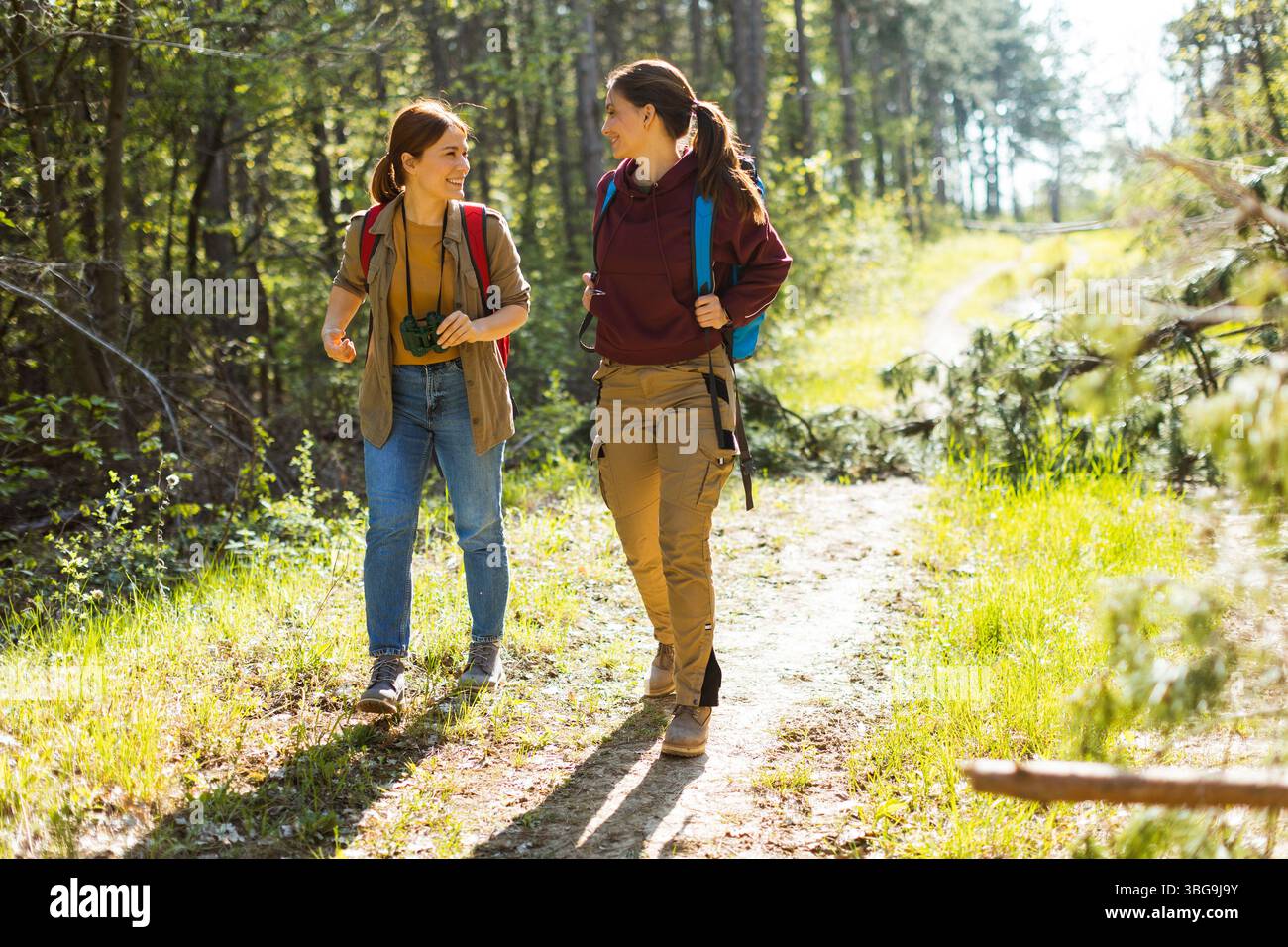 Deux femmes partagent le rire en marchant le long d'un sentier forestier luxuriant, entouré de grands arbres et de la lumière du soleil tapissée filtrant à travers les feuilles. Banque D'Images