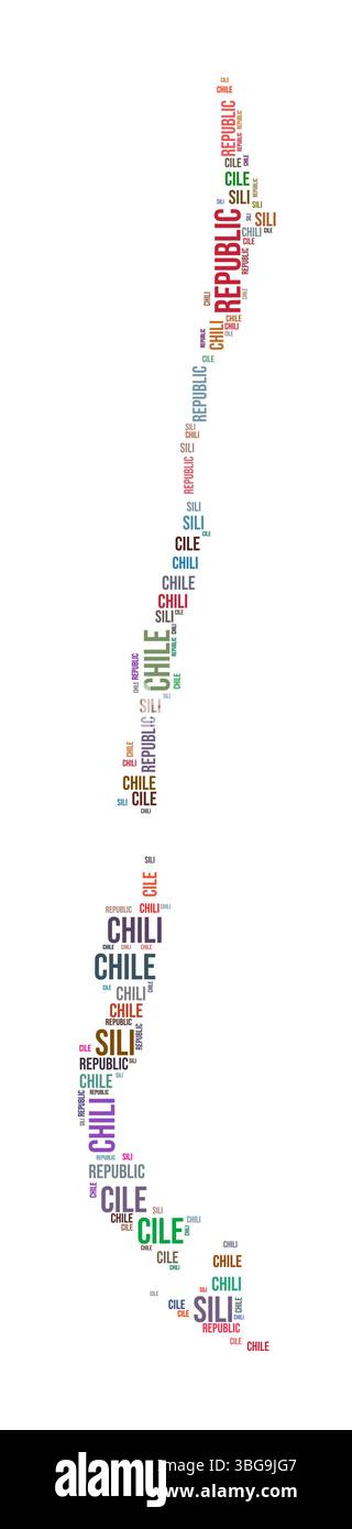 Nuage de mots en forme de pays Chili. Illustration de pays de style typographique. Image Chili dans le style nuage de texte. Illustration vectorielle. Illustration de Vecteur