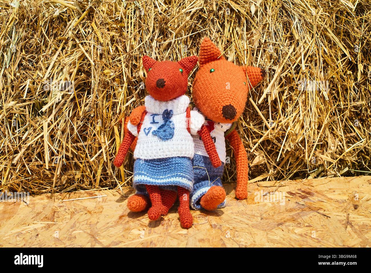 Deux jouets de renard en tricot doux avec des vêtements assis par une botte de foin, créant une scène de campagne confortable avec des éléments faits à la main Banque D'Images