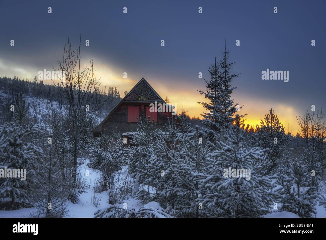 Chalet en bois avec volets rouges en hiver au lever du soleil en Slovaquie Banque D'Images