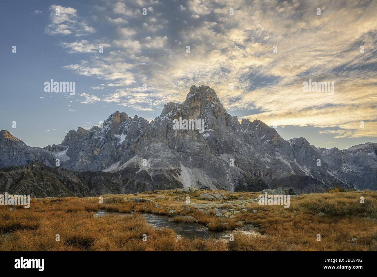 Cimon delle Pala montagne au-dessus de Passo Rolle avec des nuages blancs Banque D'Images