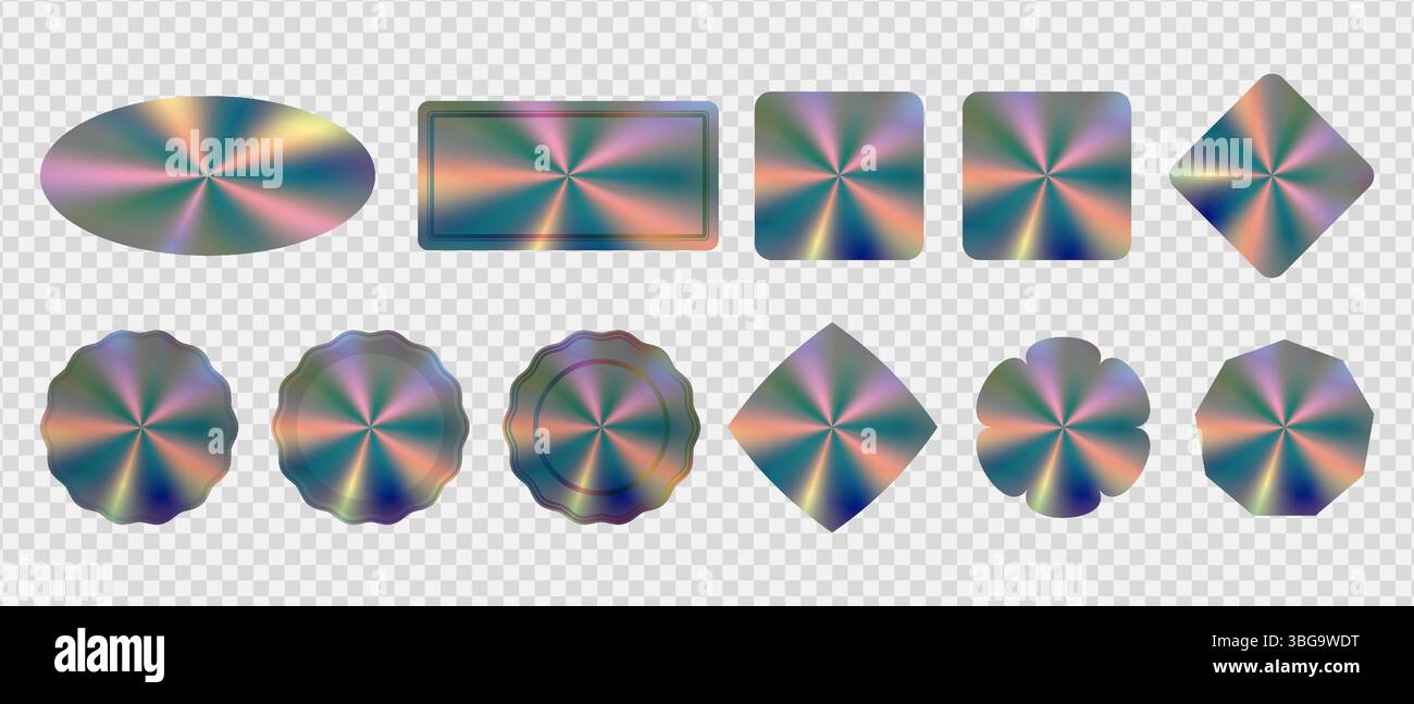 Autocollants holographiques de différentes formes définies, hologrammes formes géométriques autocollants étiquettes pour la conception, illustration vectorielle Illustration de Vecteur