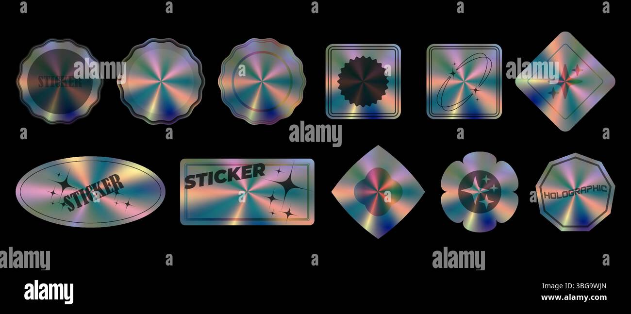 Autocollants holographiques de différentes formes définies, hologrammes formes géométriques autocollants étiquettes pour la conception, illustration vectorielle Illustration de Vecteur