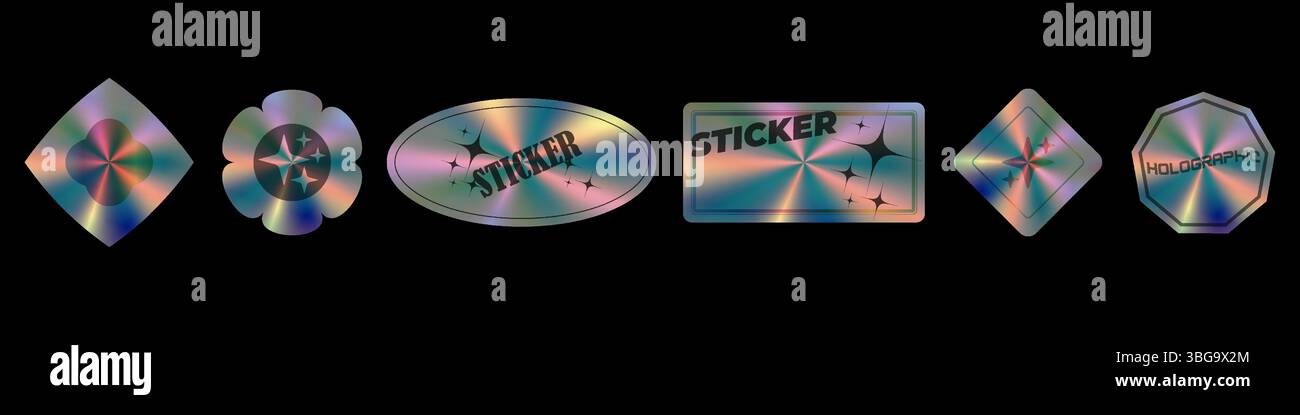 Autocollants holographiques de différentes formes définies, hologrammes formes géométriques autocollants étiquettes pour la conception, illustration vectorielle Illustration de Vecteur