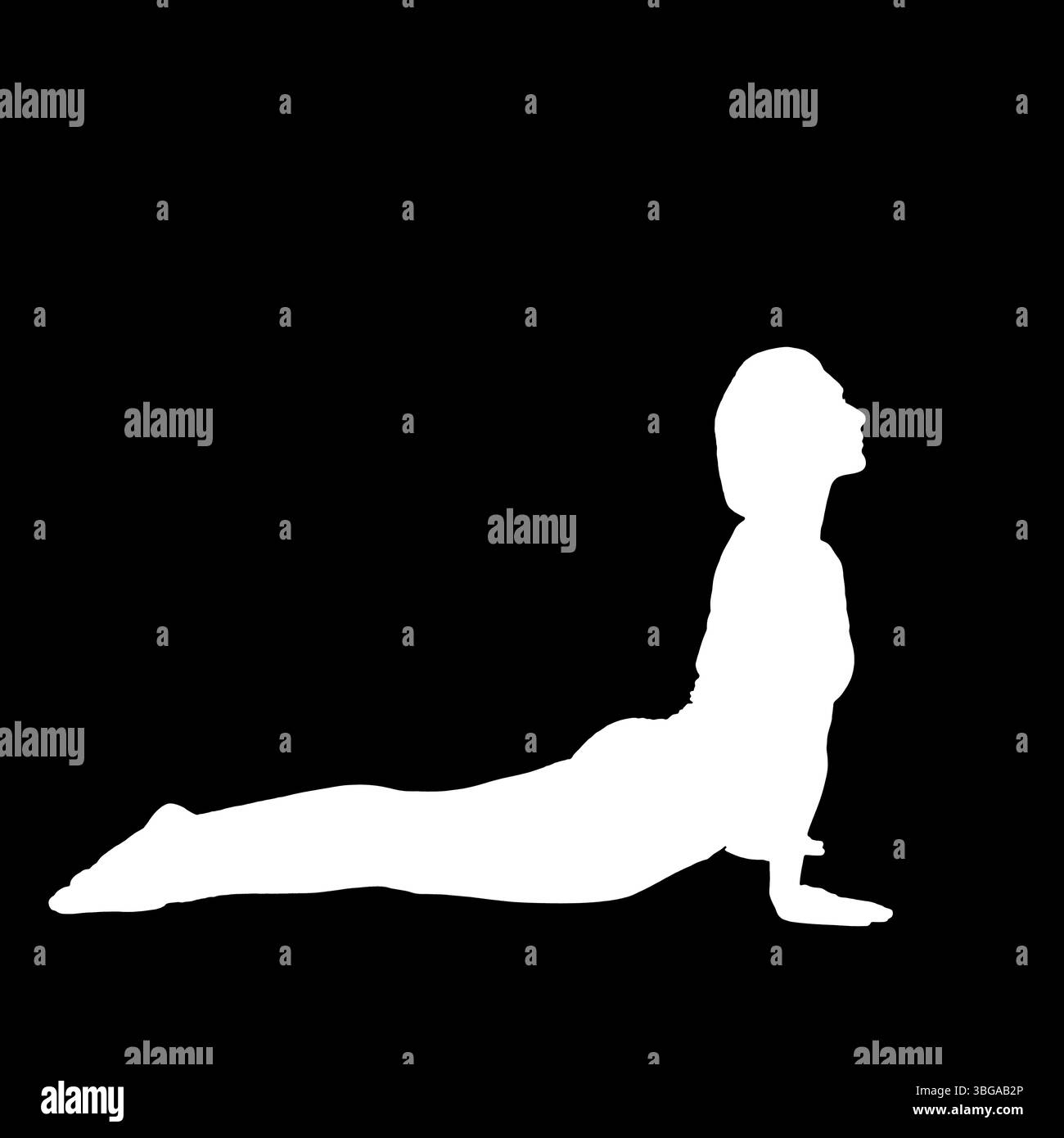Silhouette négative d'une personne féminine effectuant l'exercice de yoga le Cobra Bhujangasana Banque D'Images