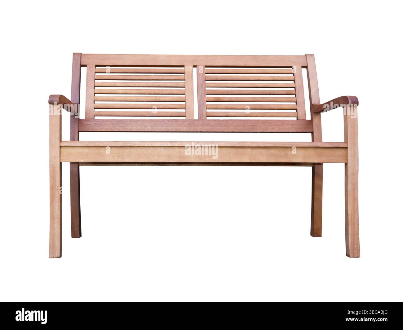 Vue frontale près du sol d'un banc en bois sur fond blanc Banque D'Images